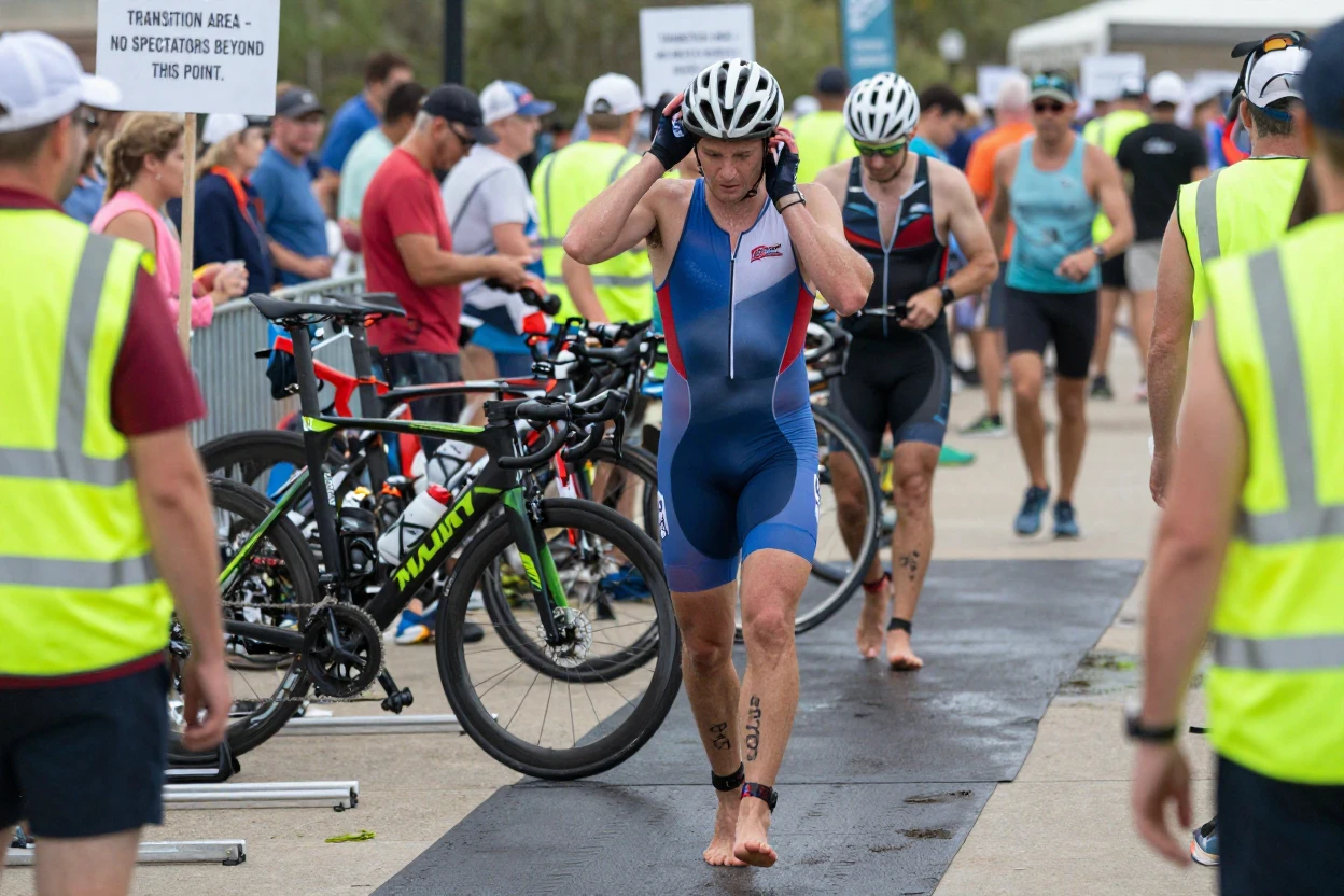 A triathlete transitions from bike to run in a crowded transition area.