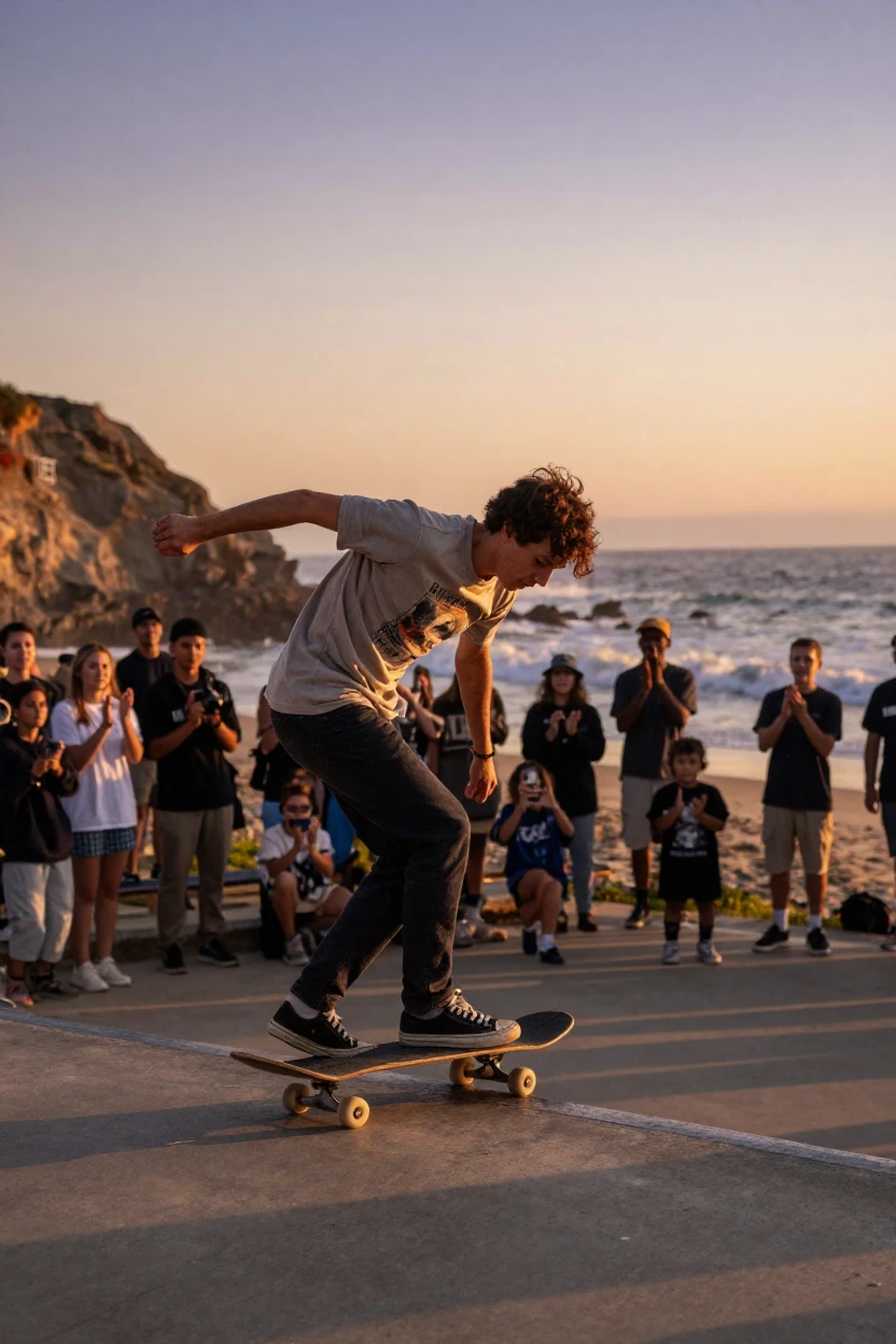 A skateboarder performing for an enthusiastic crowd on an open stretch of coastline