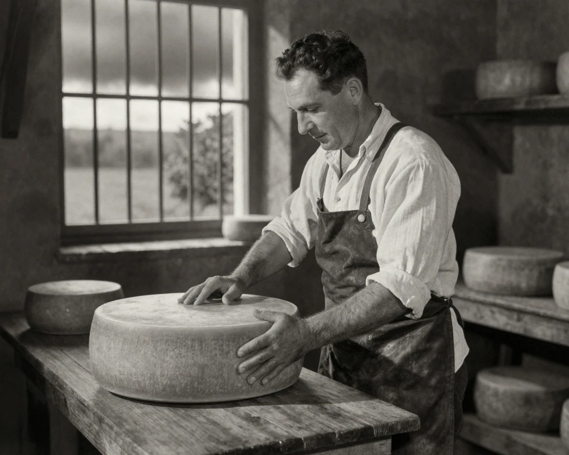 A traditional cheesemaker turning wheels of aging cheese in a cellar, in soft window light, under a darkening storm sky, in the height of summer, with stark black-and-white contrast softened by a single warm hue, from a three-quarter angle.