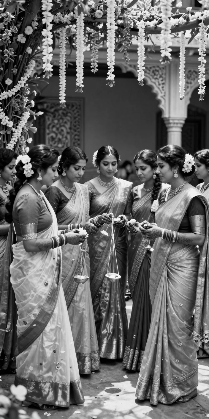 Women in colorful saris gather for a traditional wedding ritual inside a flower-draped courtyard.