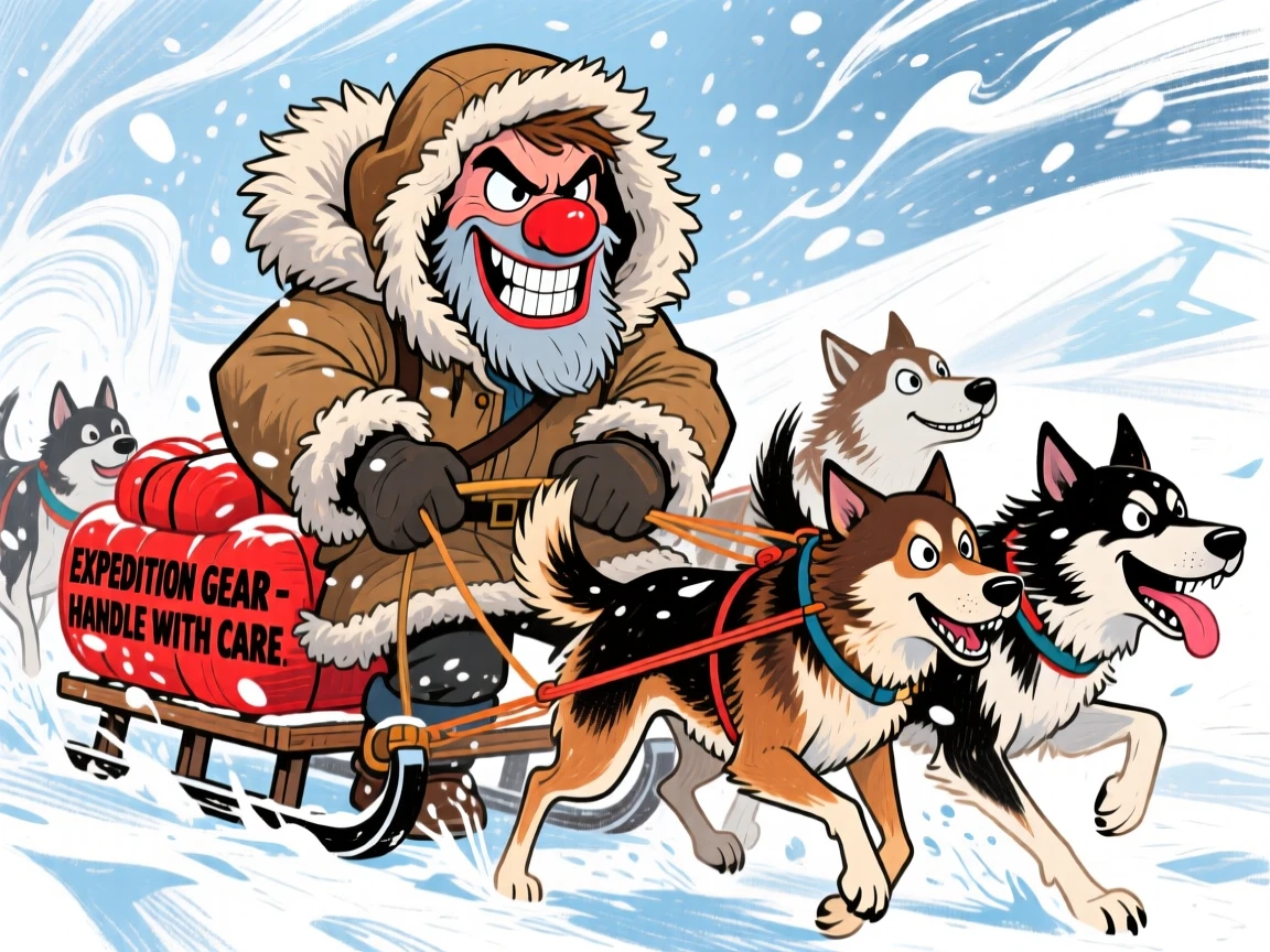 A brave polar explorer trudging through a blizzard, sled dogs pulling hard beside him.