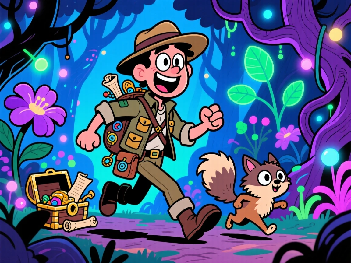 An imaginative fantasy scene of a fearless treasure hunter exploring a glowing enchanted forest, with a loyal companion creature close behind.