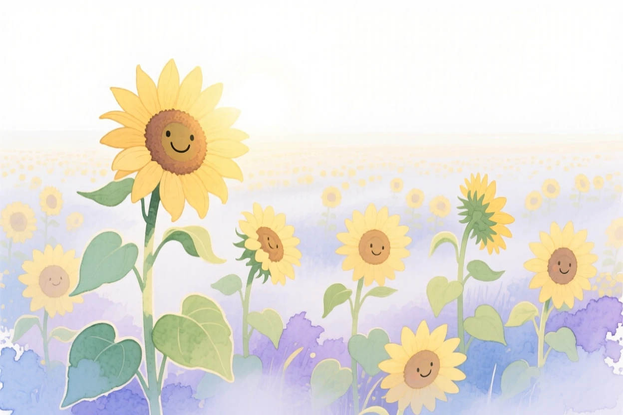 A serene landscape of a field of sunflowers turned toward the sun wrapped in gentle mist