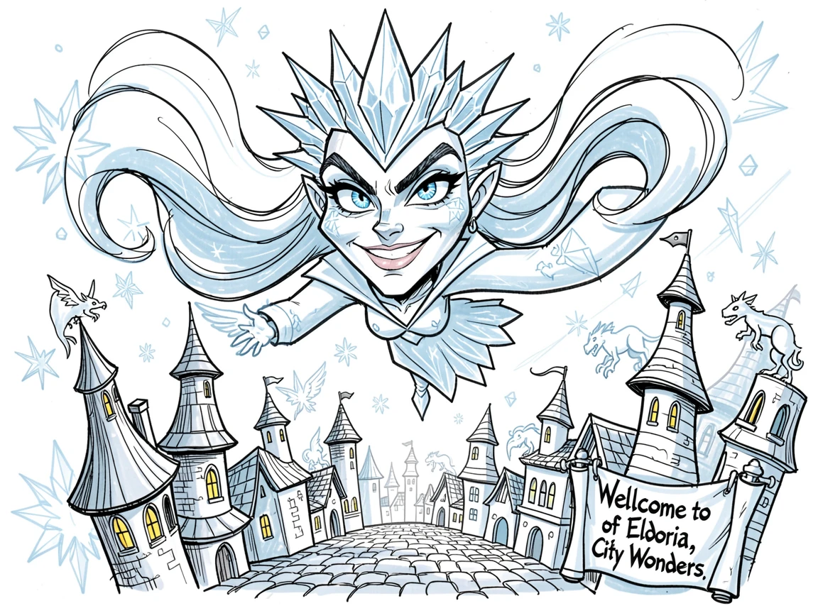 [Fantasy & Imaginative Scenarios] Imaginative fantasy scene of a valiant ice queen soaring above an ancient enchanted city, brimming with wonder