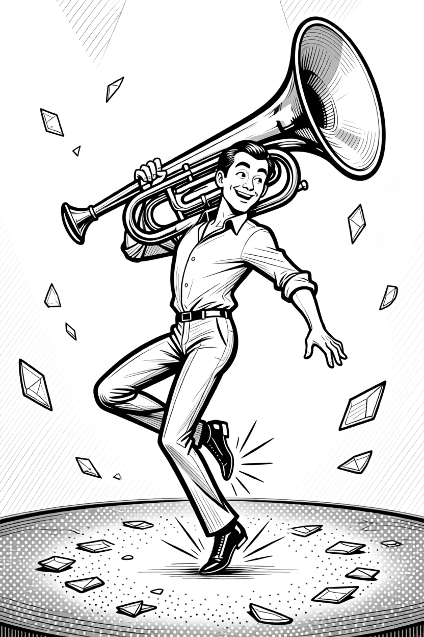 A tap dancer mid-spin with sparks nearly flying from his shoes, wobbling slightly under the enormous brass instrument, set on a glittering tap-dance stage. Shards of glass catch the stage lights as they fall. There's an infectious, larger-than-life energy to the moment.