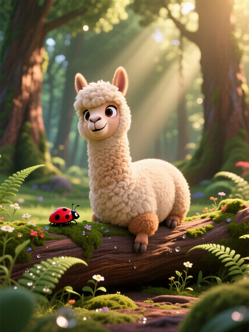 A fluffy alpaca is perched on a mossy log in a quiet forest, watching a ladybug crawl by. Innocent curiosity shines through the moment, with dew drops glistening nearby.