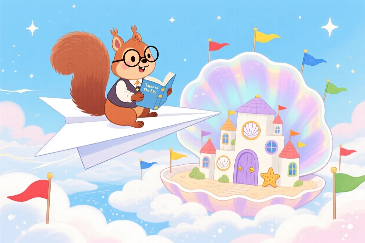 A squirrel librarian delights in riding a paper airplane across a cloud kingdom, tucked within a city built inside a giant seashell, with tiny flags fluttering in a light breeze.