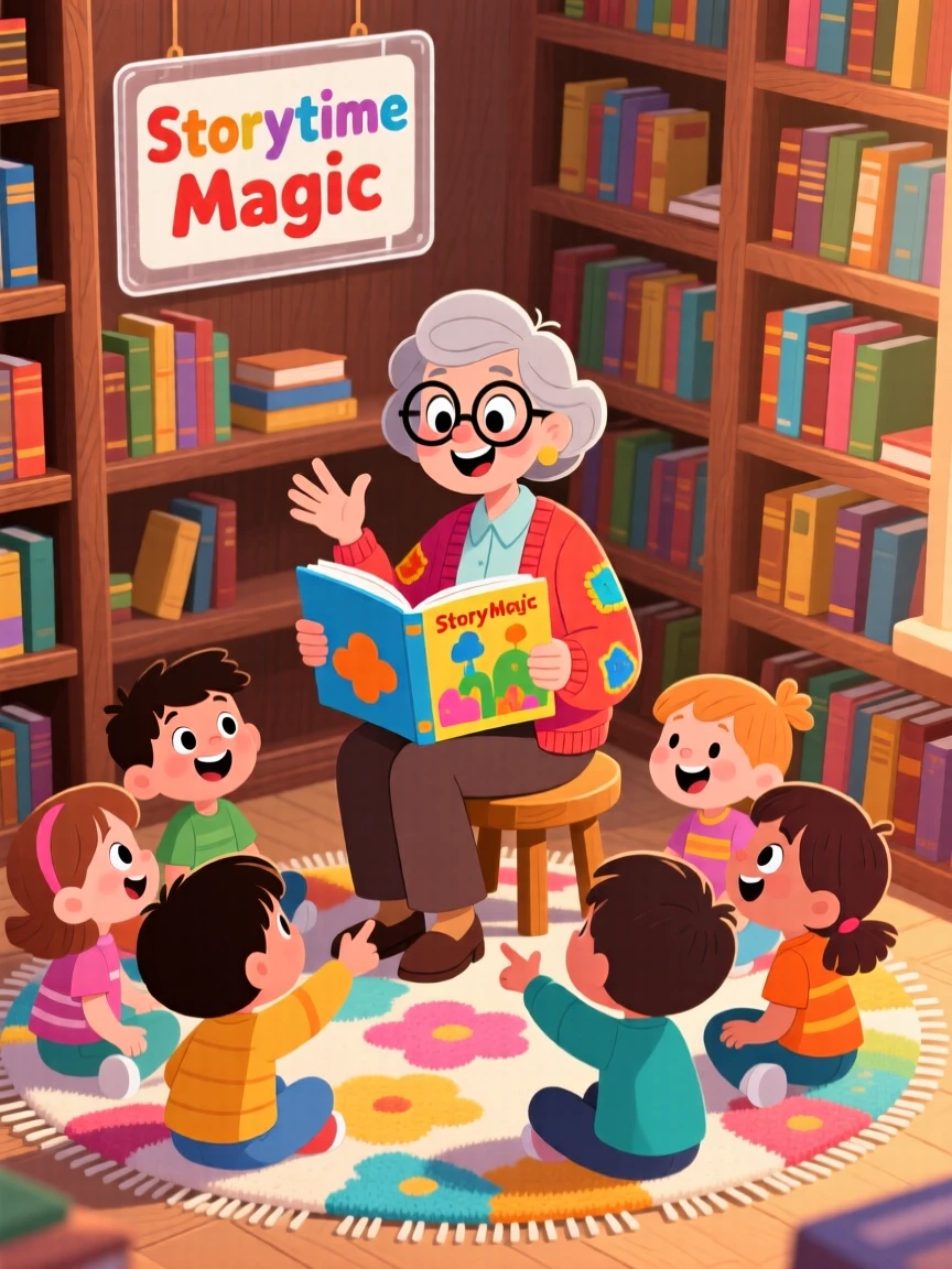 A librarian reading aloud to a circle of wide-eyed children.