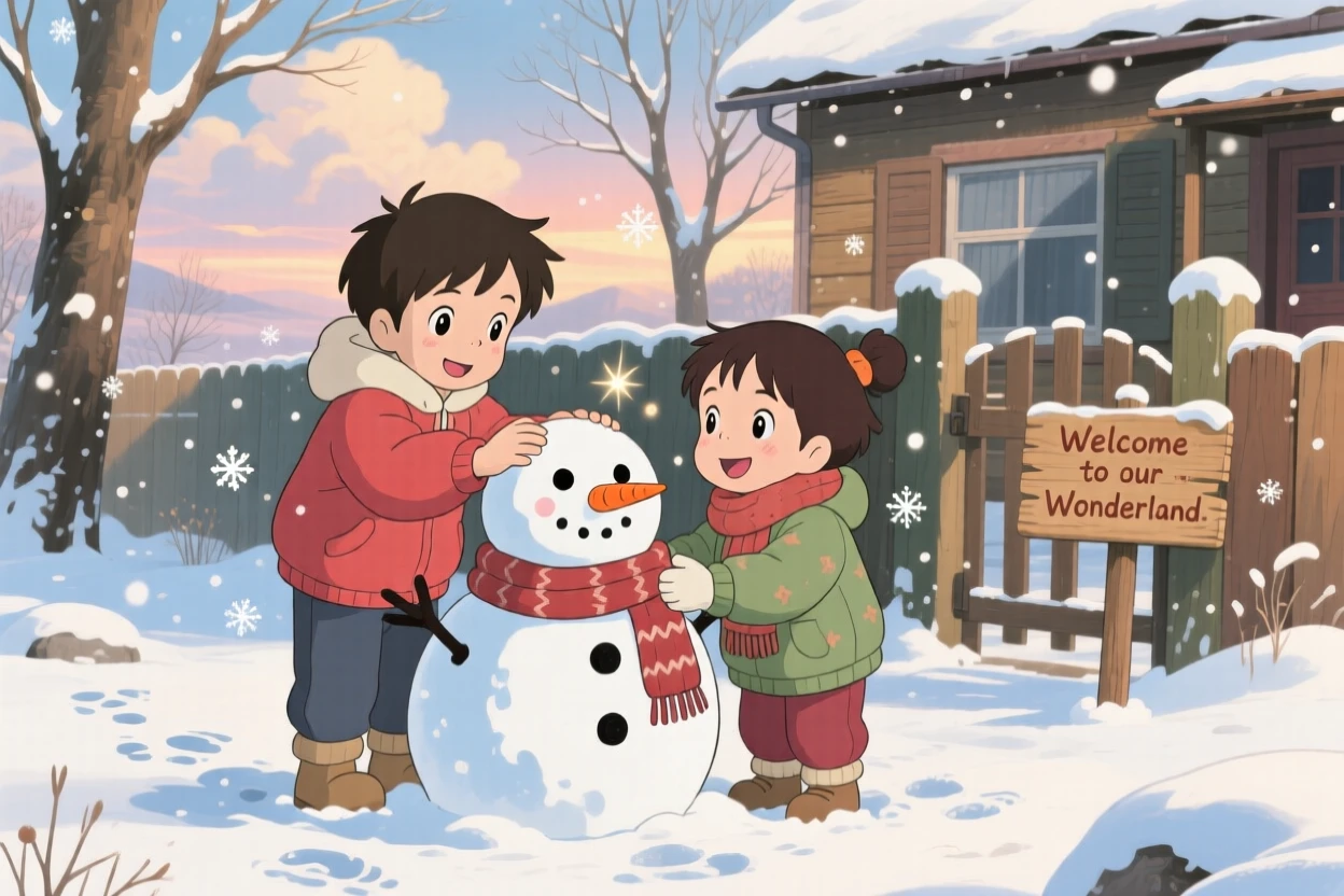 Siblings building a snowman together in the front yard, the scene full of gentle love.