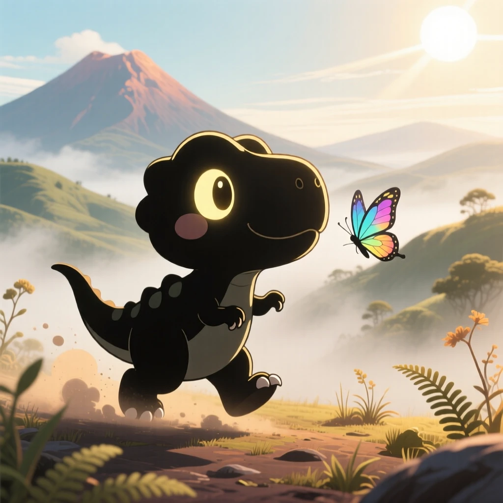 Silhouette composition of a friendly baby T-rex, chasing a butterfly with tiny stomping steps, in a misty prehistoric valley, during a light summer breeze, illuminated by bright midday sun, radiating sleepy relaxation.