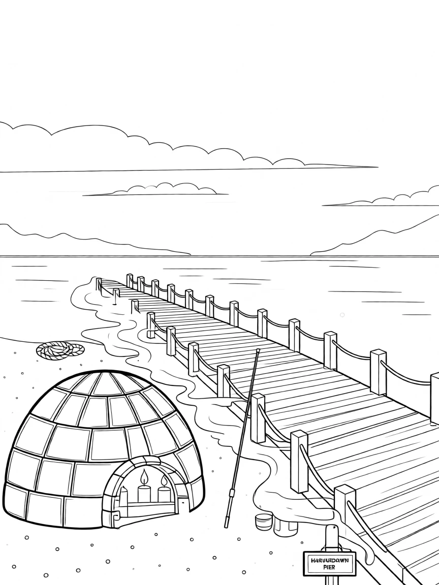 An igloo glowing from candlelight inside, a foggy pier stretching into a still harbor at dawn.