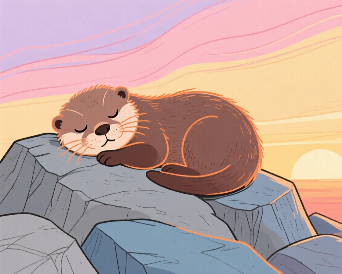 A baby otter curled up together on a rocky hillside at sunset.