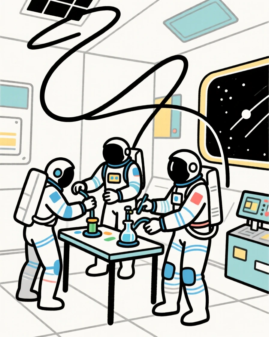 A group of astronauts conducting experiments aboard a space station.