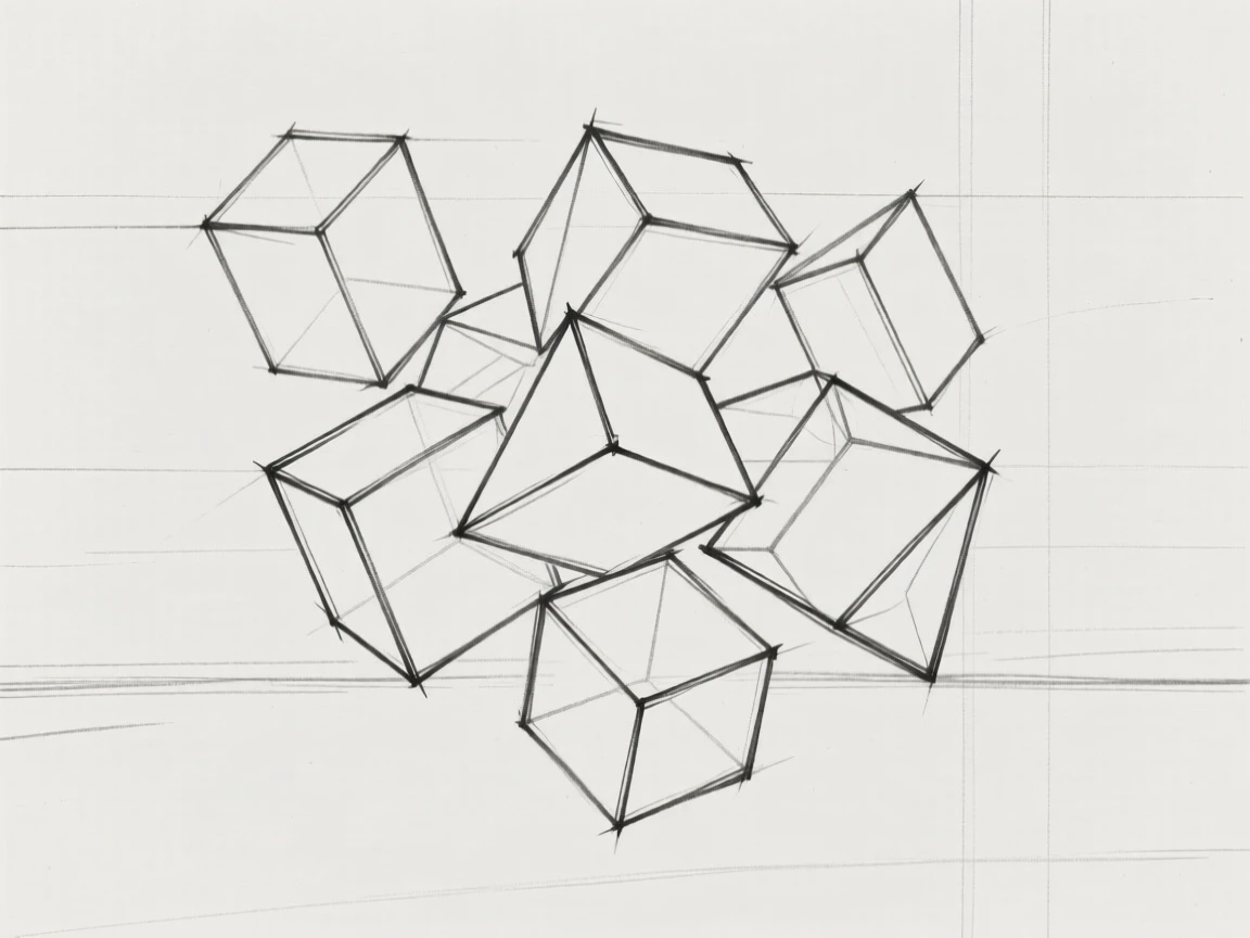 A cluster of floating geometric prisms