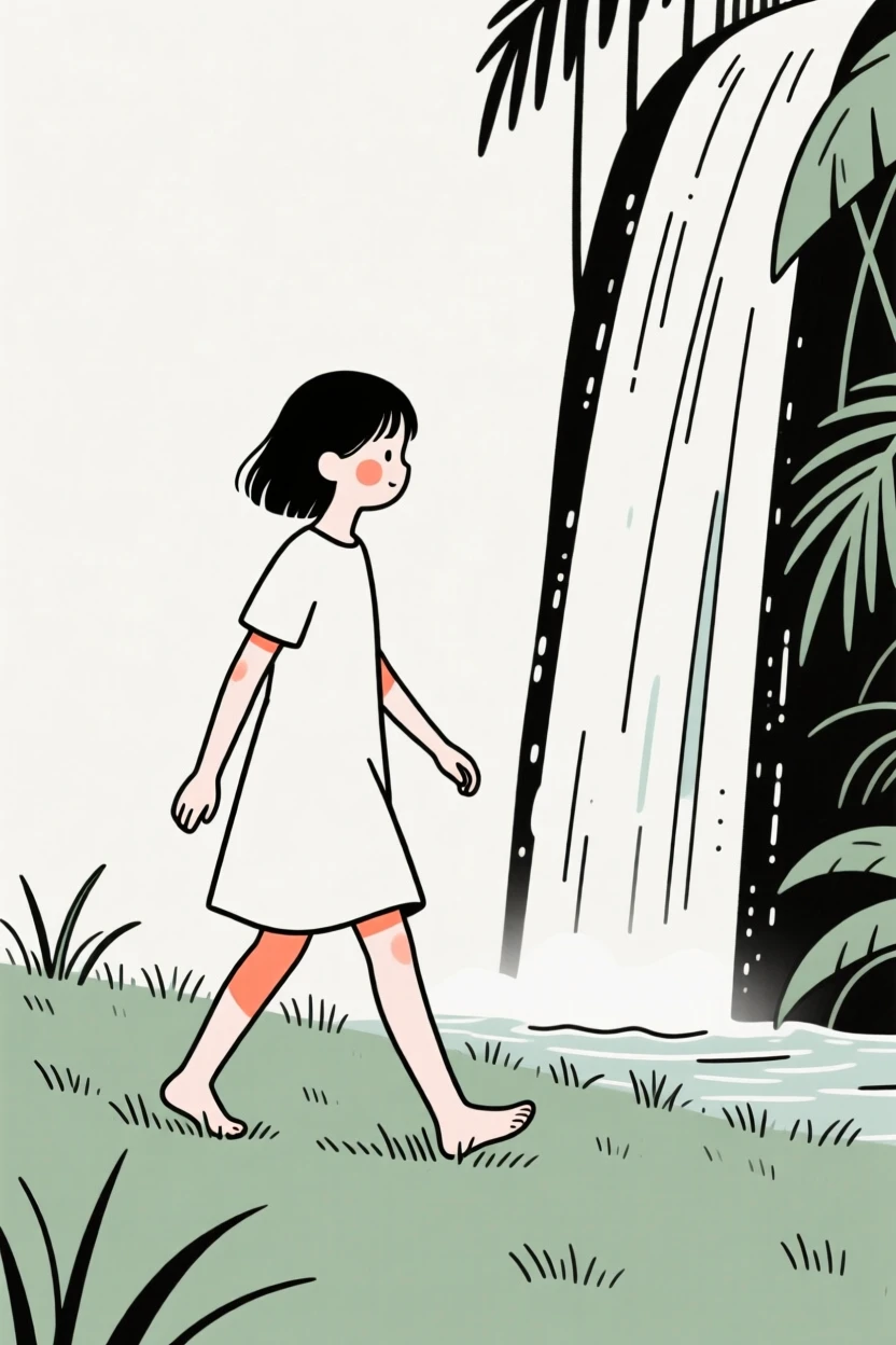 A teenage girl walking barefoot on cool grass, by a waterfall in the jungle.