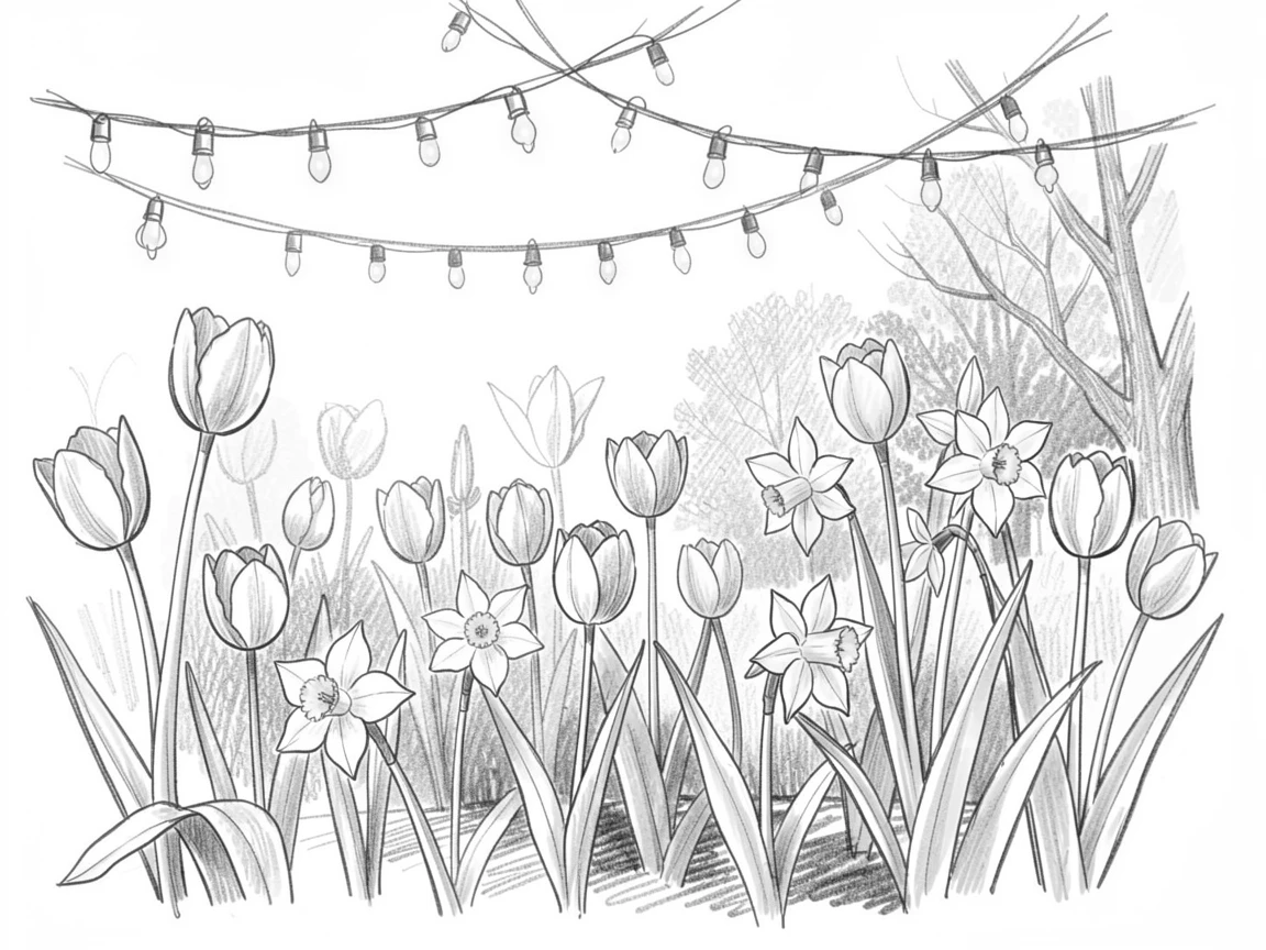 A joyful holiday moment: a spring garden bursting with tulips and daffodils beneath strings of festive lights, with twinkling lights glowing warmly.