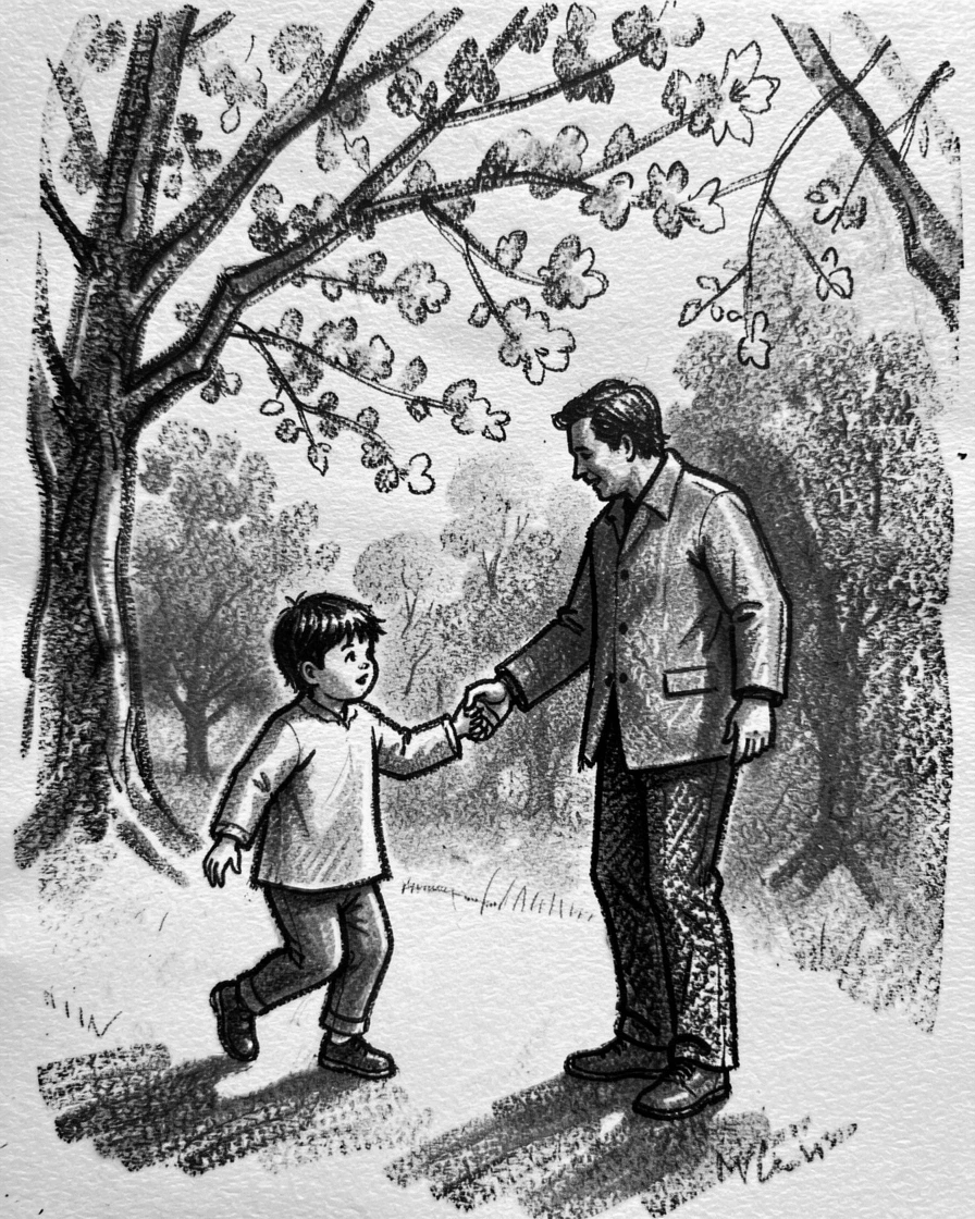 A child taking their first steps toward a parent's open arms, beneath blossoming trees in full bloom.