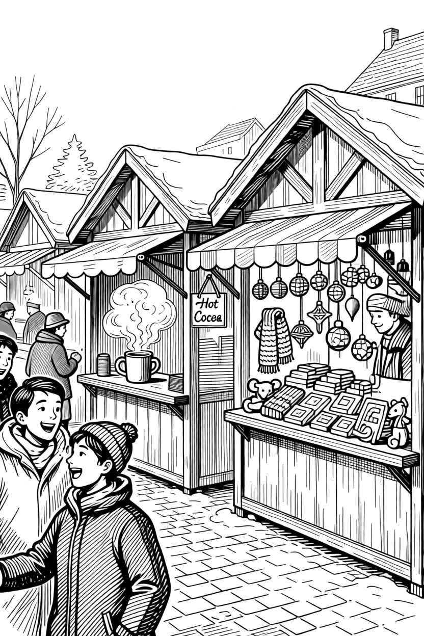 A festive winter market filled with stalls of hot cocoa and handmade crafts.