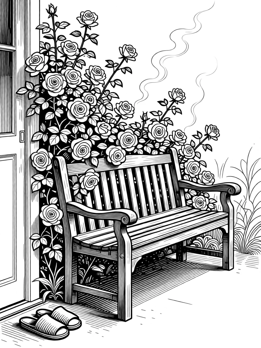 A garden bench surrounded by climbing roses as steam rises slowly into the still air, with a pair of slippers resting by the door, evoking a quietly hopeful sense of calm.