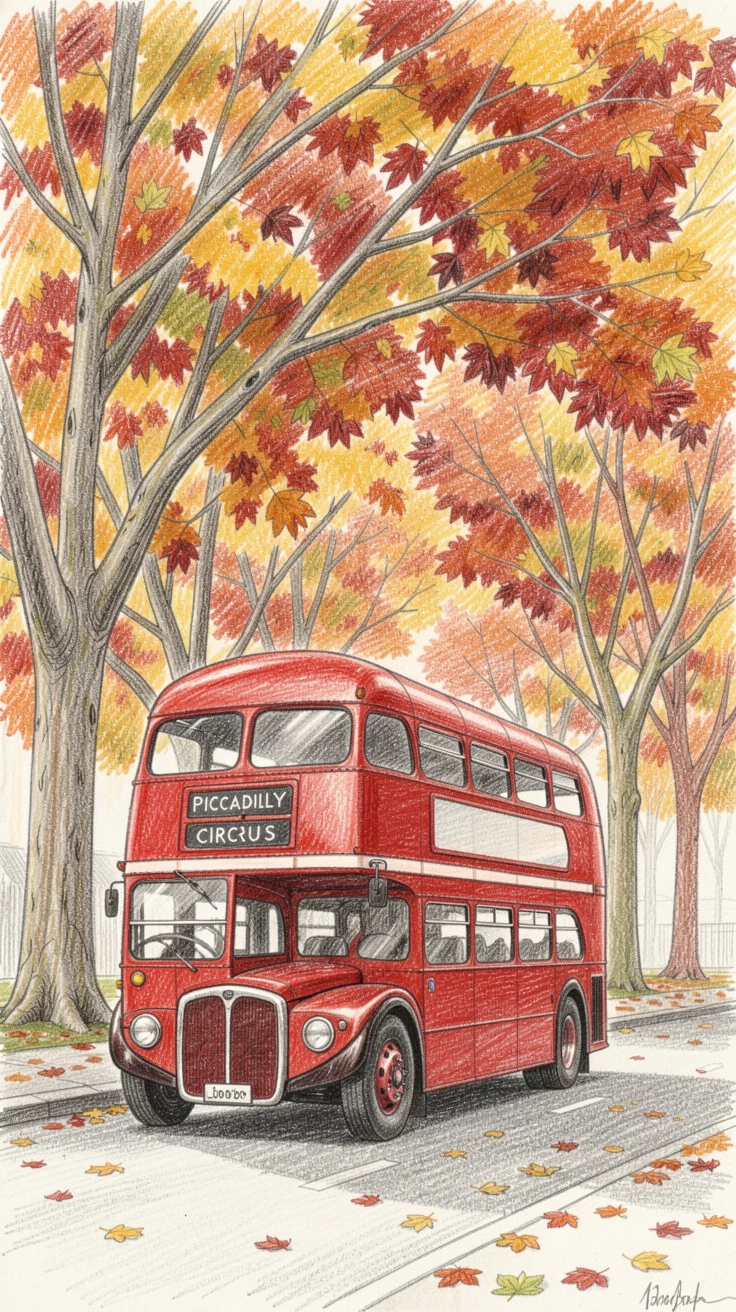 A classic red London bus passing beneath autumn plane trees, with rich, inviting textures throughout the scene, capturing a quiet story that lingers with the viewer.