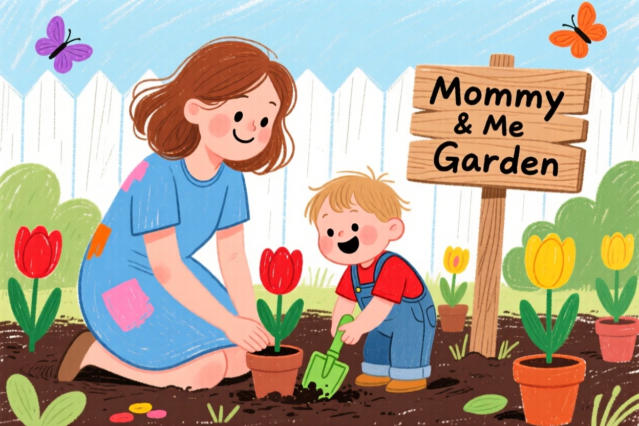 A mother and her toddler planting flowers together in a backyard garden.