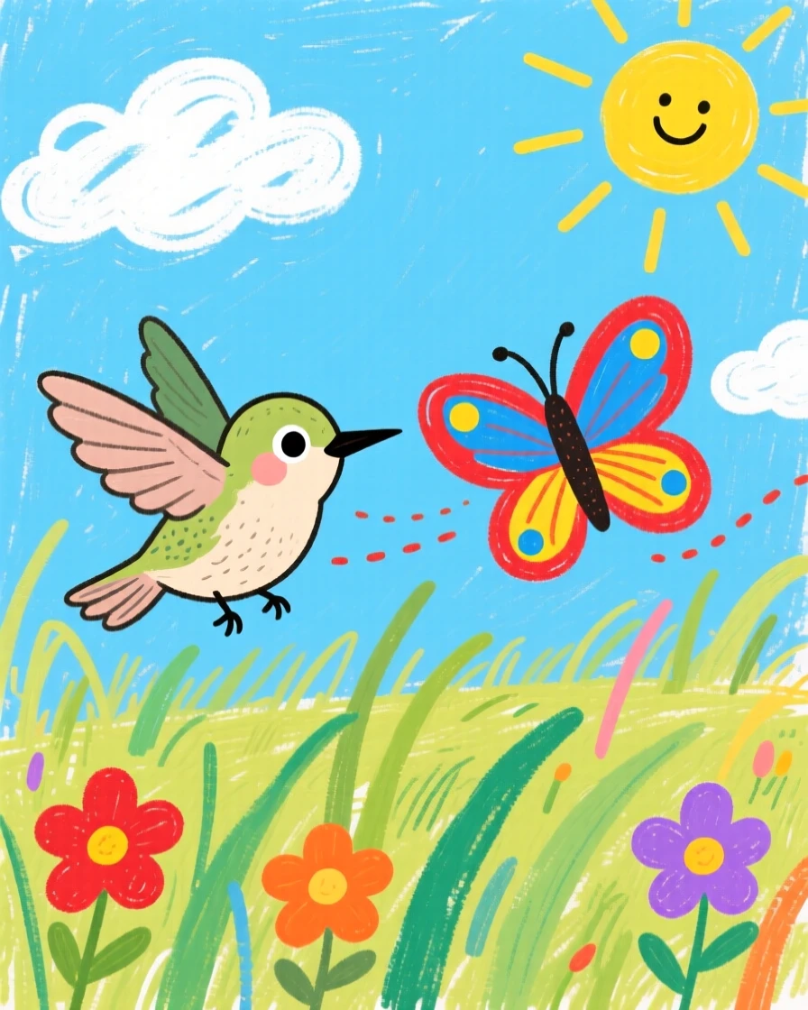 A tiny hummingbird chick chasing a butterfly across a sunny field.