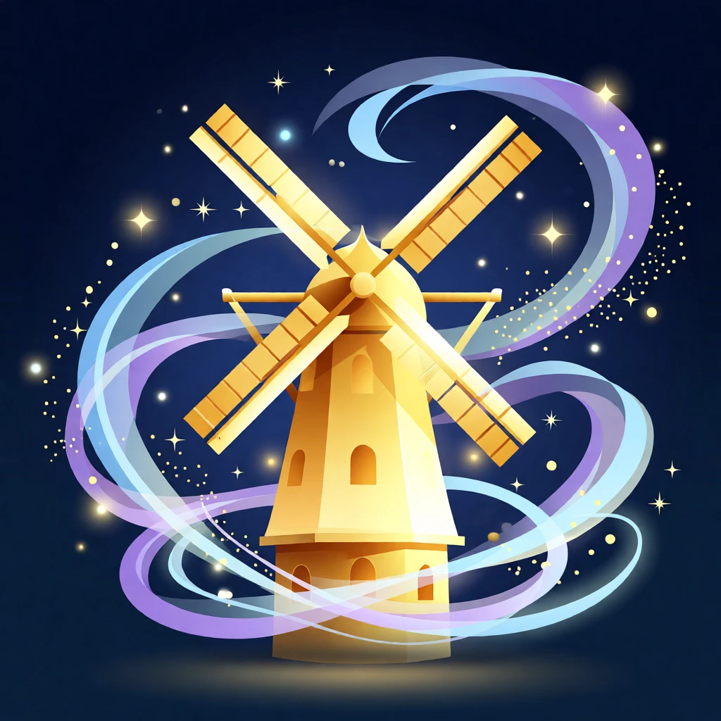 A magical windmill spinning slowly with glowing golden light, surrounded by swirling magical energy and sparkling light, arranged with dramatic lighting emphasizing the magical elements, with subtle magical particles drifting through the air.