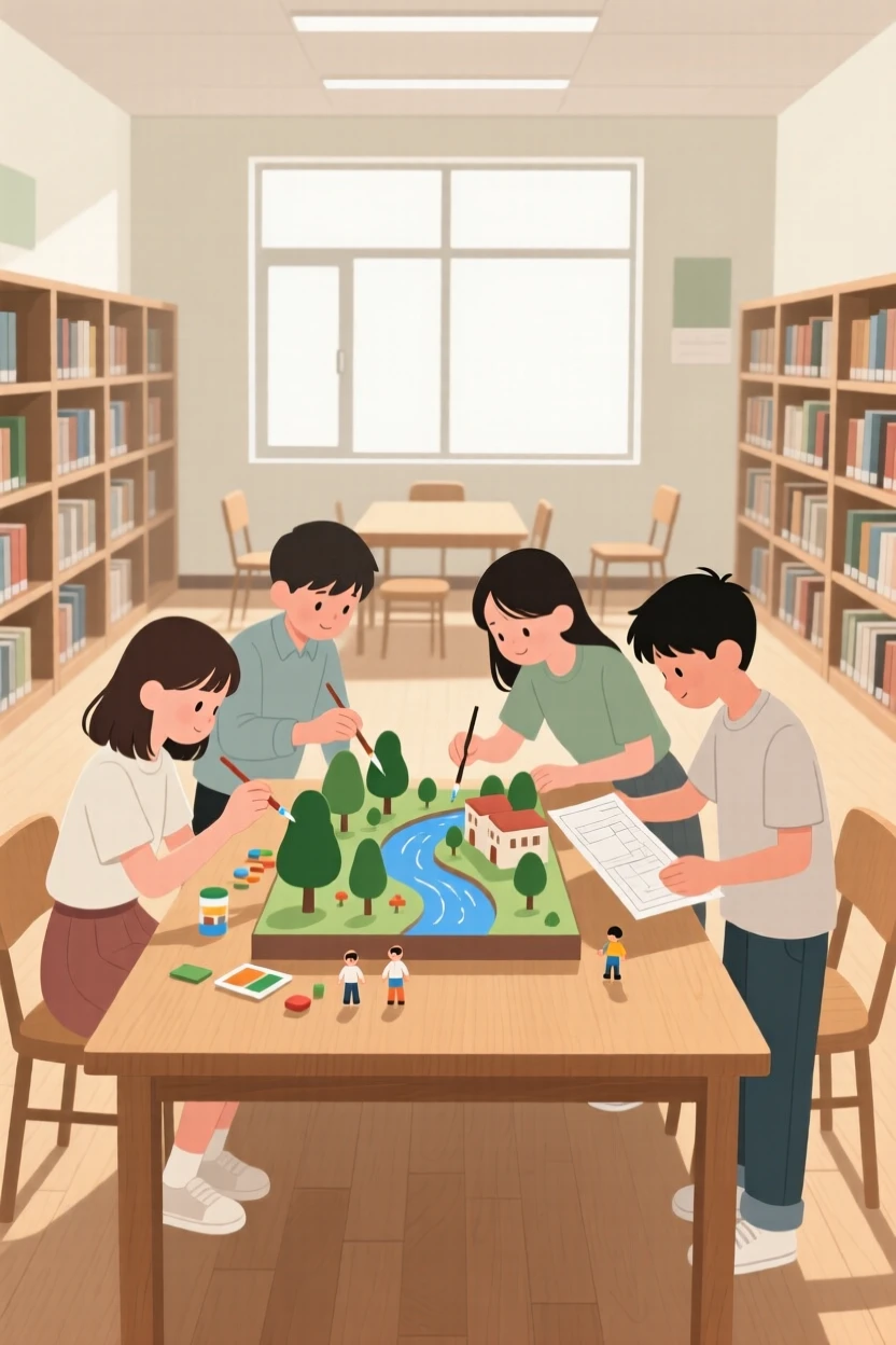A group of students building a diorama in a library reading room.