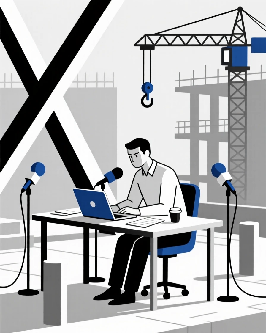 A focused entrepreneur at a startup desk working at a construction site, surrounded by microphones and instruments, expressing focused determination.