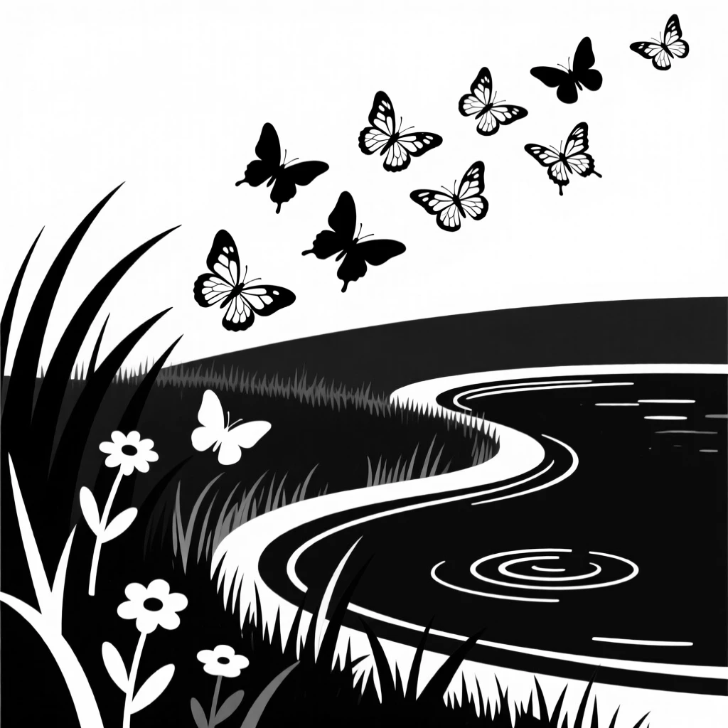 A swarm of butterflies over a meadow near a pond's edge.