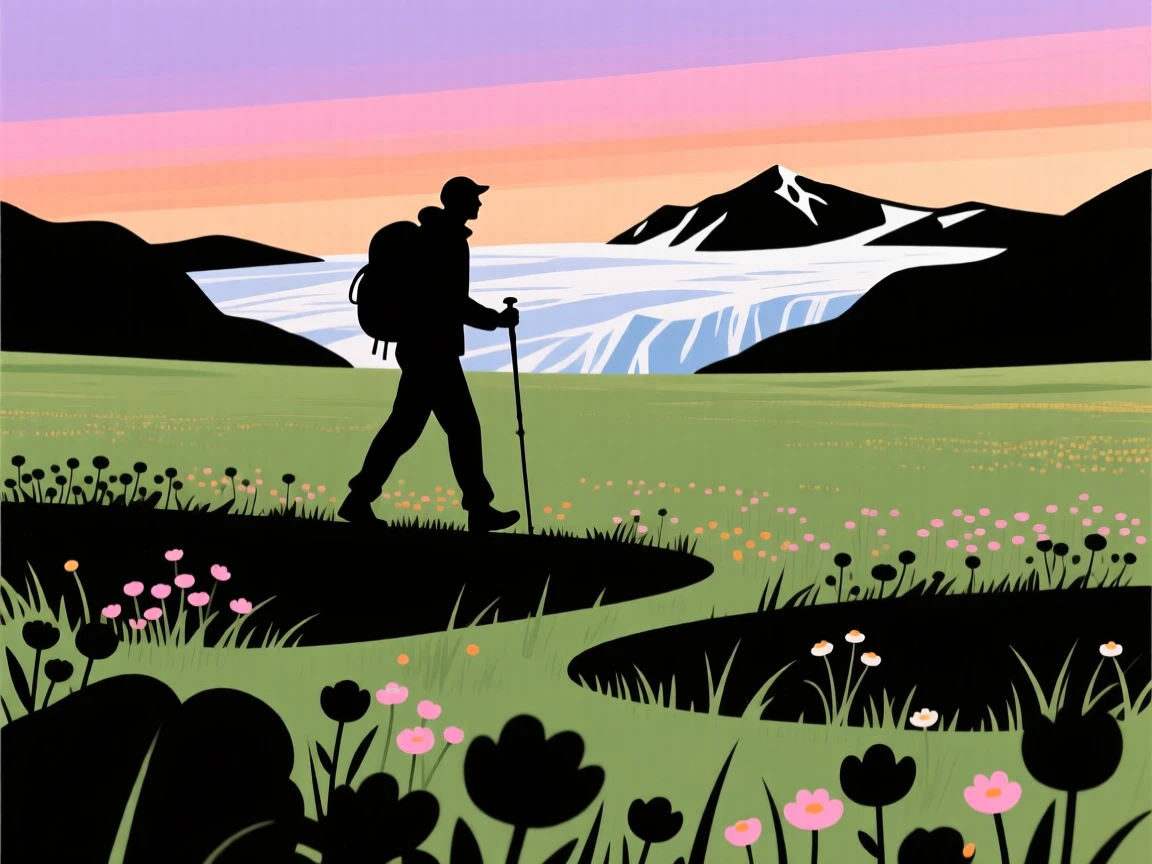 A lone hiker crossing a field of wildflowers toward a distant glacier.