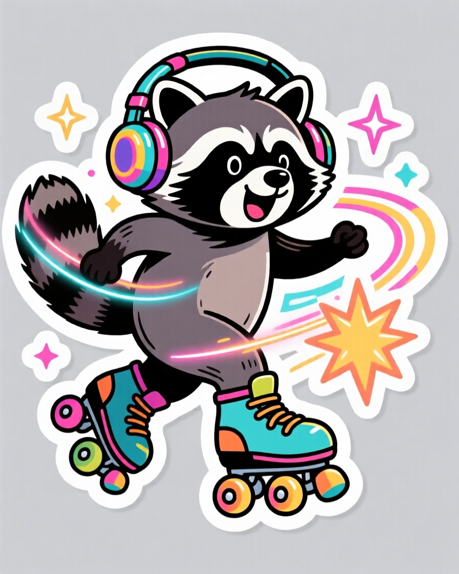 A wildly imaginative retro roller-skating raccoon with headphones on, surrounded by glowing special effects, during an exciting made-up adventure.