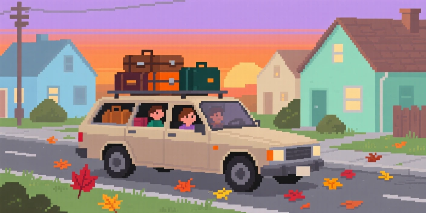 A family road trip car packed with luggage surrounded by fallen leaves on a quiet street, in a small countryside town at sunset.