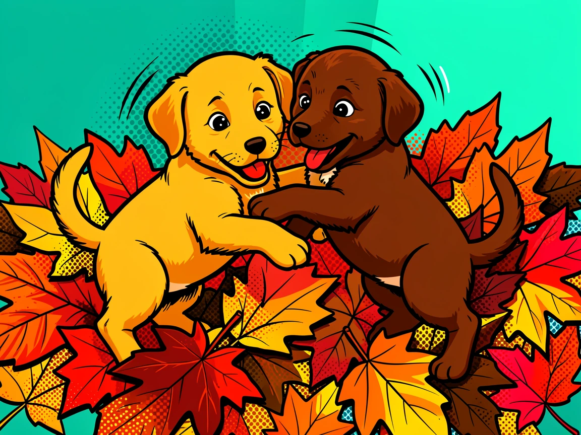 Two puppies wrestling playfully in a pile of autumn leaves