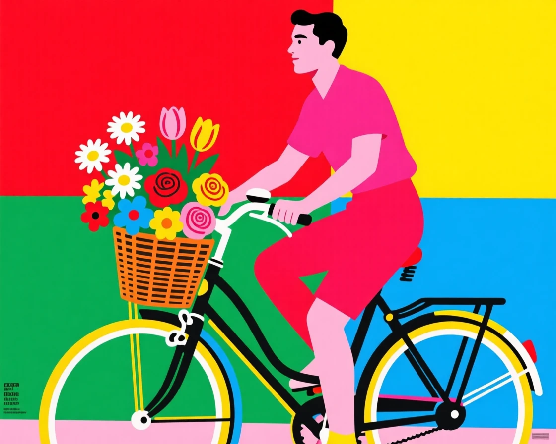 Morning bike ride with a basket of flowers