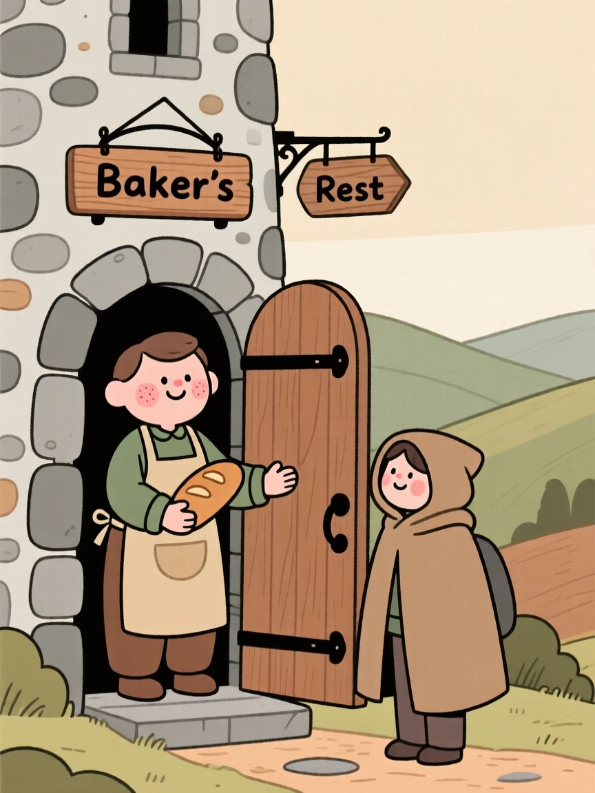 A gentle baker stands at the door of a stone tower tucked into a quiet valley, welcoming a weary traveler inside from the cold.
