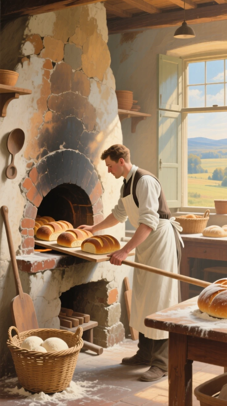 An expansive vista of a baker sliding loaves of bread into a stone oven, in the 1920s, in bright warm sunshine.