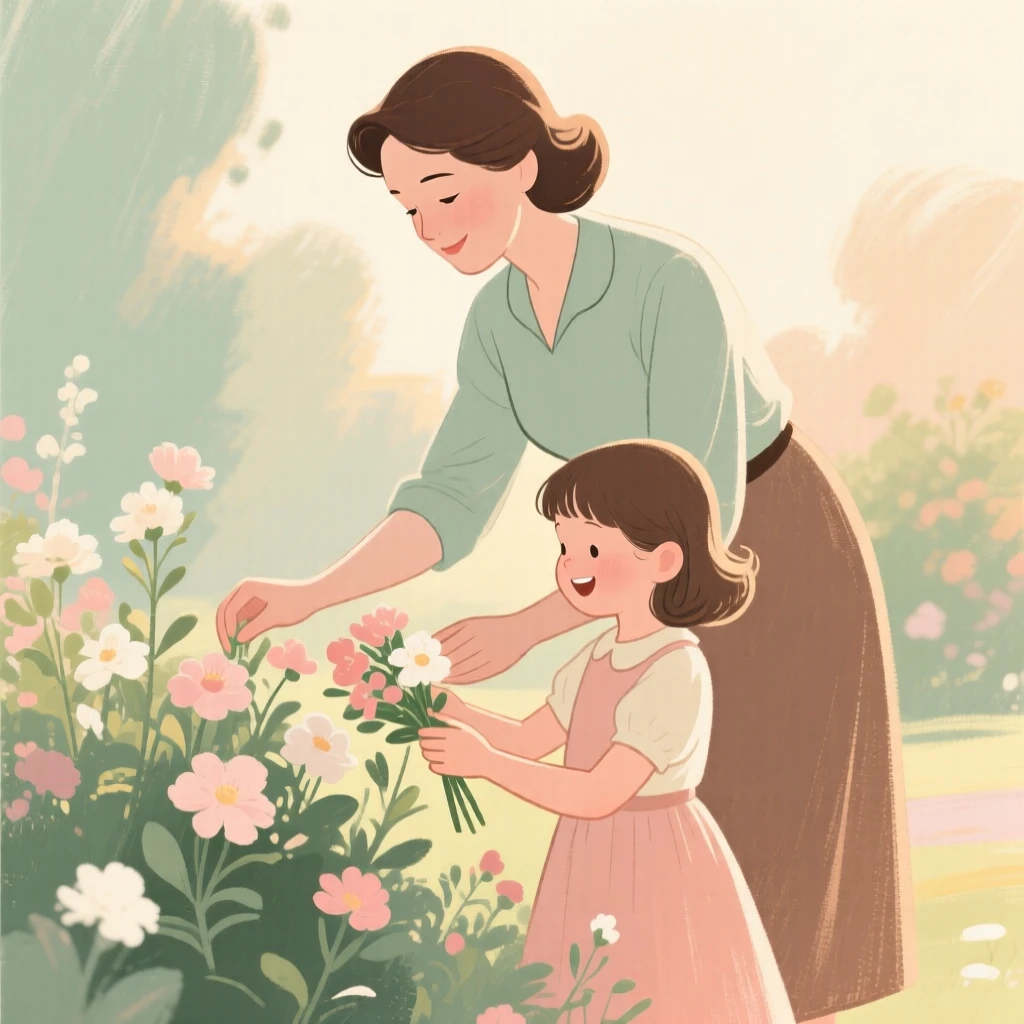 A mother and daughter arranging flowers in a garden