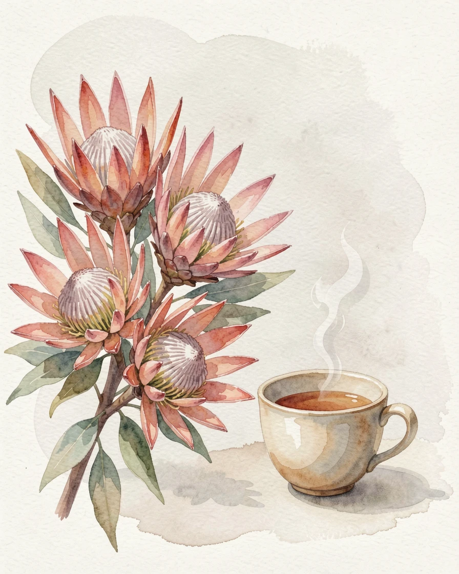 A bunch of protea flowers against a soft neutral backdrop beside a cup of tea.