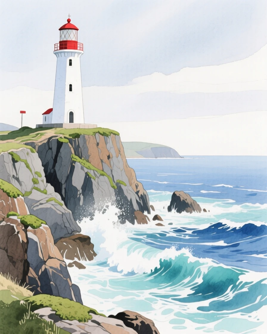 A lighthouse stands on a rocky cliff overlooking crashing waves along the rugged Maine coastline