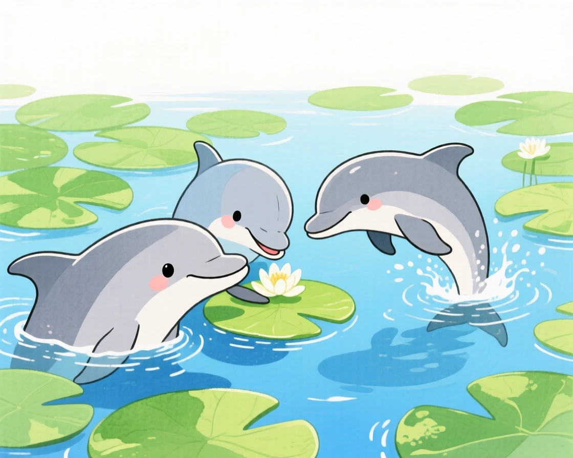 A close-up portrait of a playful dolphin pod in a lily-pad covered pond.