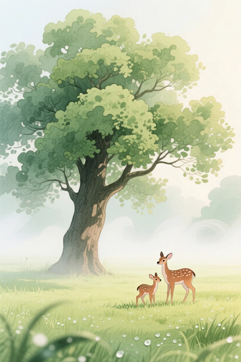 A meadow blanketed in morning fog with a lone oak tree, with a family of deer grazing quietly nearby, evoking peaceful serenity and awe.