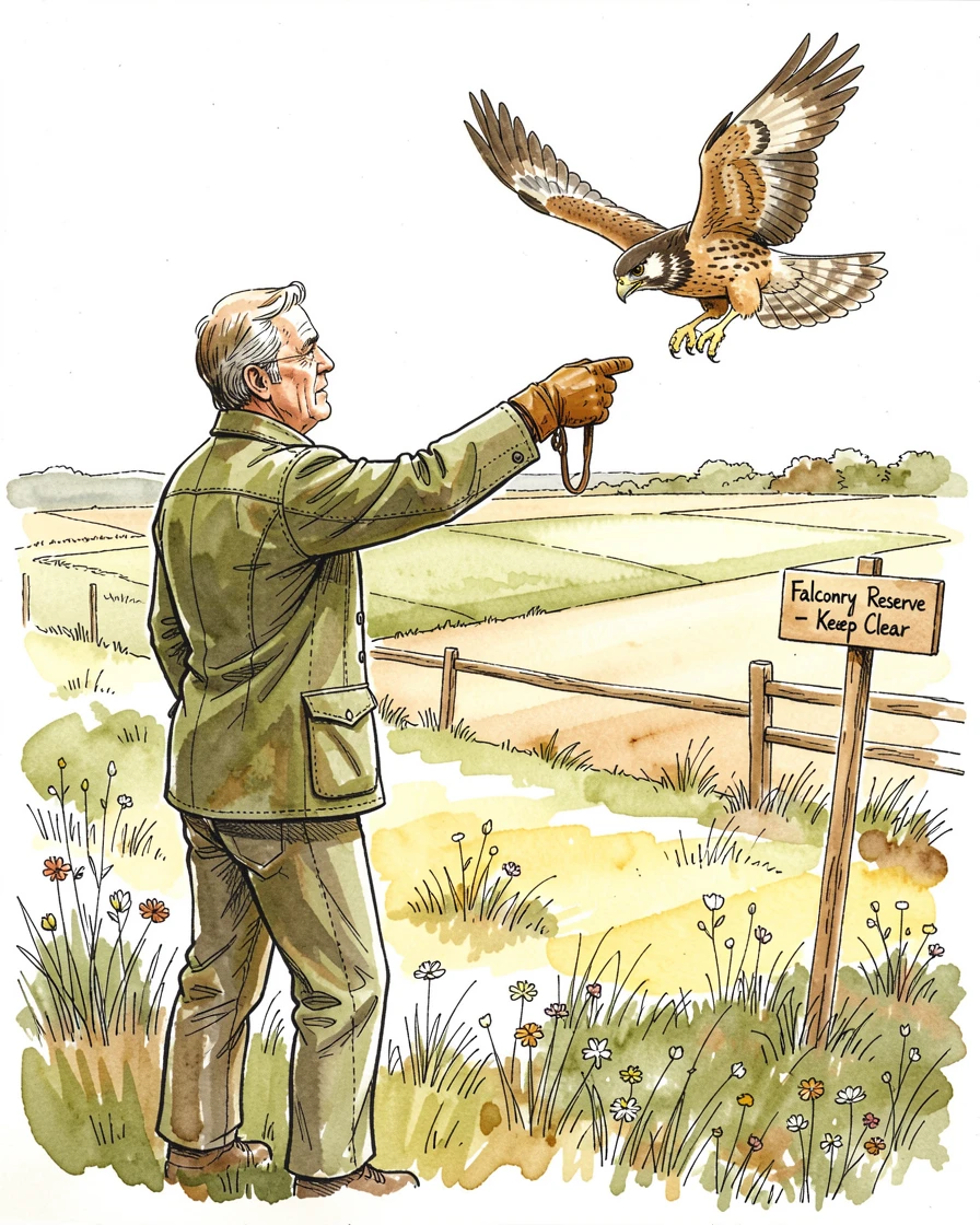 A falconer releasing a hawk into flight over open farmland, focused concentration evident in every careful movement.