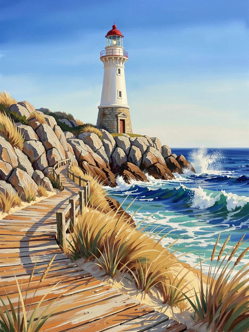 A lighthouse perched on a rugged headland, sea spray catching the light above the crashing surf, with a winding wooden boardwalk leading to the dunes, on a clear summer afternoon with brilliant blue water.