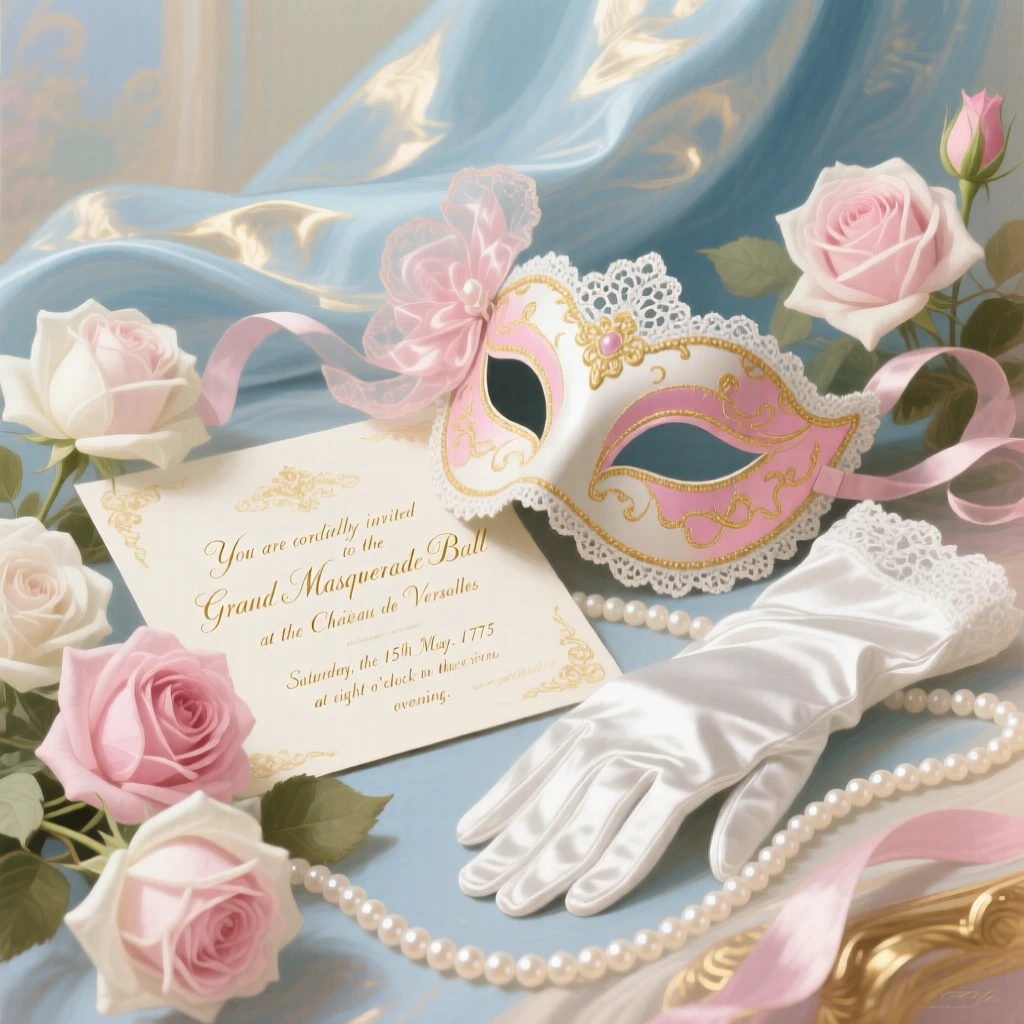 A masked ball invitation beside a silk mask, gloves, roses, and pearls  