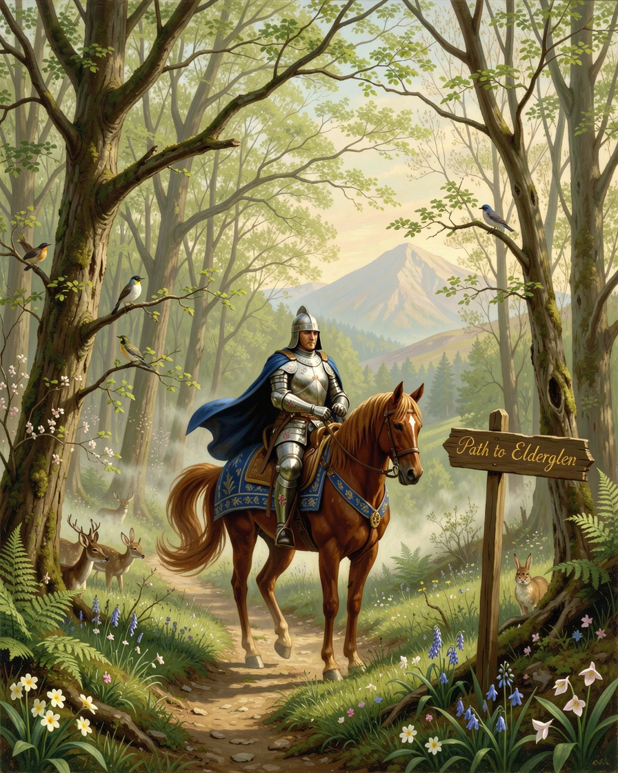 A knight on horseback rides along a path in a misty grove at the forest's edge as the forest comes alive with spring.
