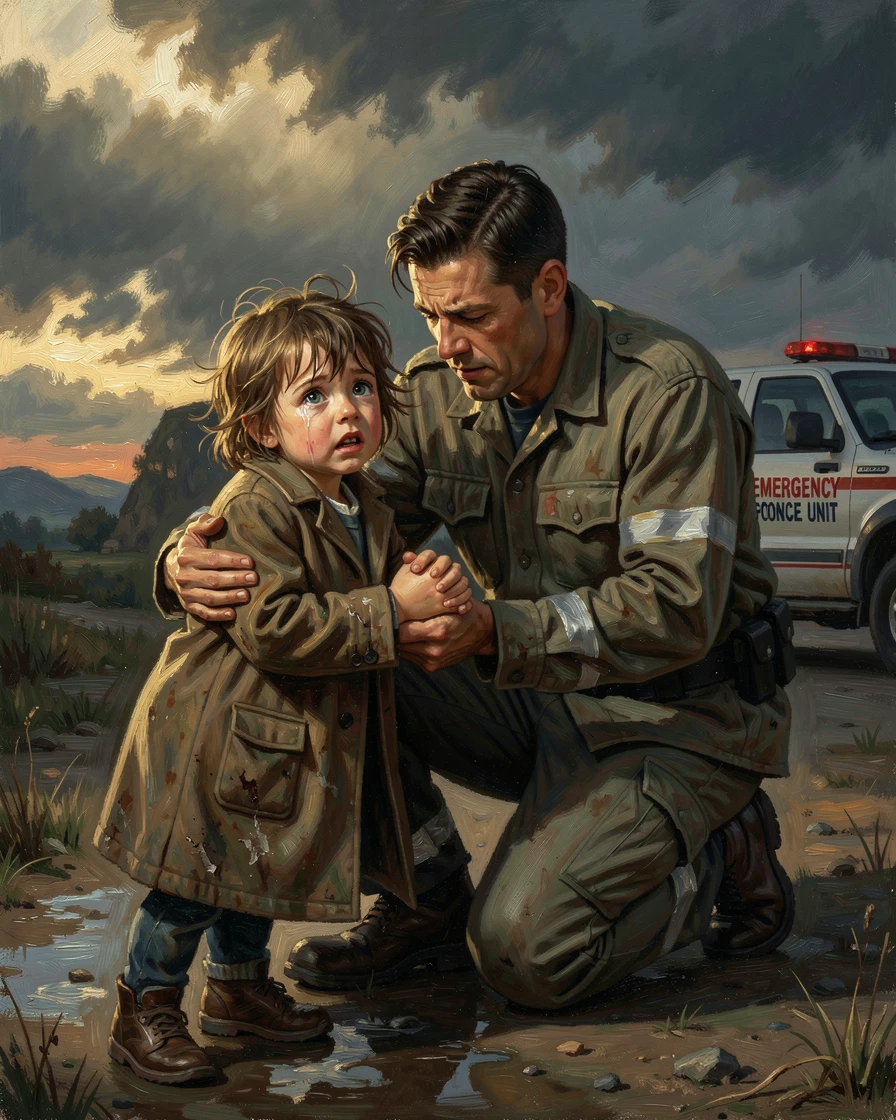 A first responder comforting a frightened child during an emergency, as golden, hopeful light fills the entire scene, evoking deep emotion and a profound sense of shared humanity