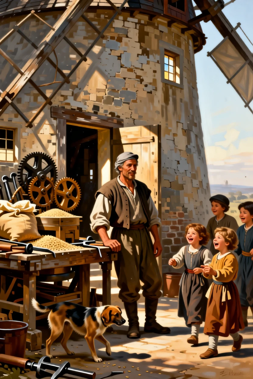 A miller pausing to greet neighbors outside his creaking windmill in a small, quiet moment made luminous and lasting, set within a modest workshop filled with tools and warm light, with children's laughter and a stray dog weaving underfoot; warm natural light elevates a humble scene into something timeless, radiating simple contentment and honest labor.