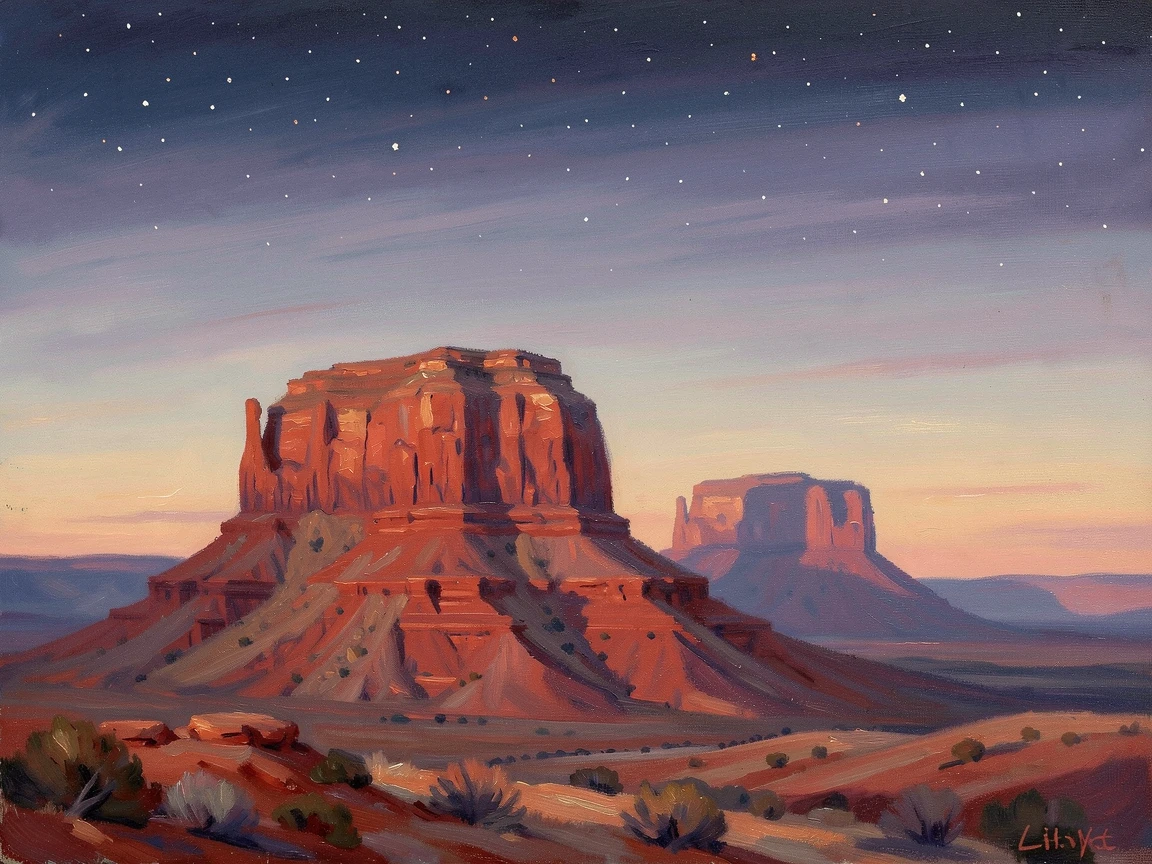 A high desert mesa at dusk, layered buttes glowing deep red as the last sunlight fades from the sky, under a canopy of stars.