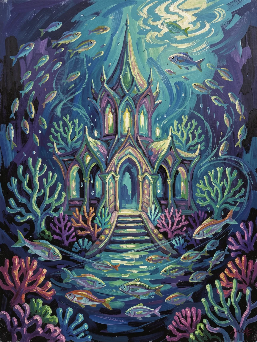 An underwater palace glowing with bioluminescent coral and drifting schools of fish.